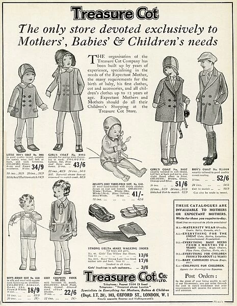 Advert for Treasure cot: Mother babies & childs wear 1930
