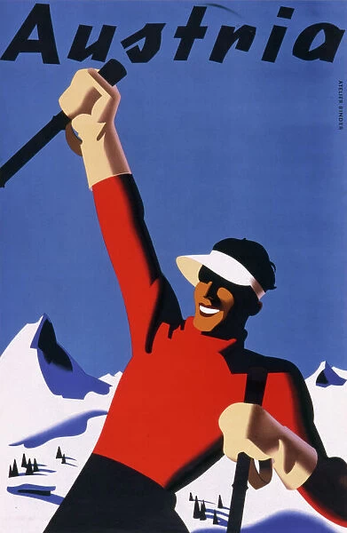 Austria. Tourism poster for Austria, with a skier in a sun visor against