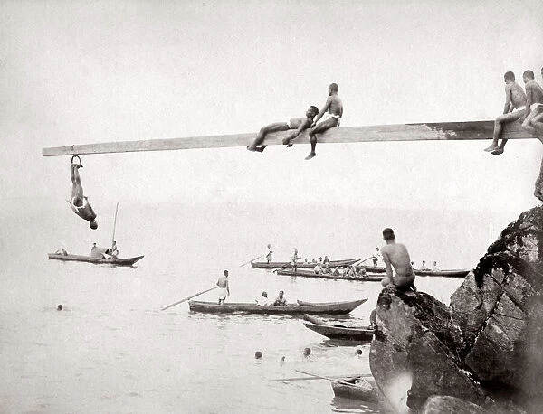 c. 1880s Japan - swimming, diving and boats, young Japanese men