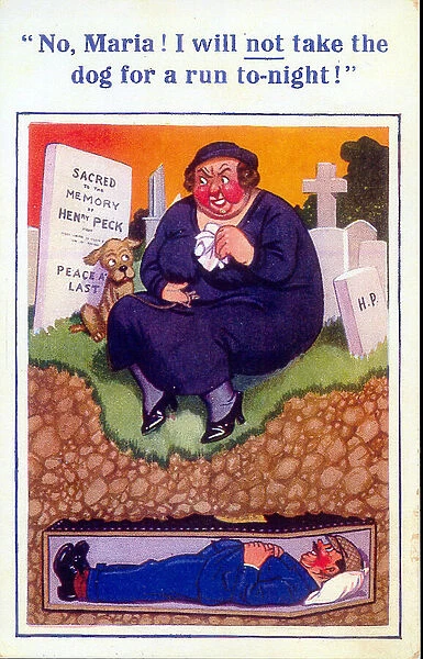 Comic postcard, Grieving woman in cemetery Date: 20th century