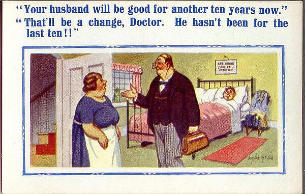 Comic postcard, Wife, sick husband and doctor Date: 20th century