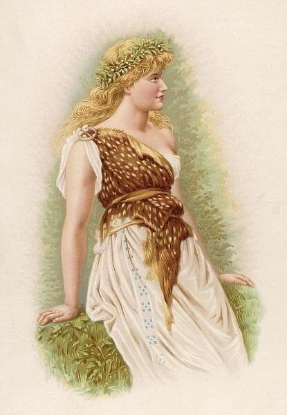 DRUIDESS. A Druid priestess wears the traditional white robe, held by buckle and sash 