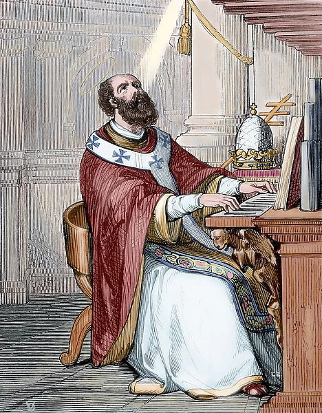 Pope Saint Leo II (611-683). Engraving. Colored
