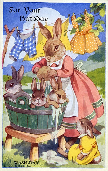 Rabbits Wash-Day - Birthday Greetings Postcard Date: 1944