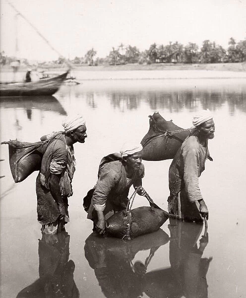 Water carriers filling bags in the River Nile, Egypt, c. 1880 s