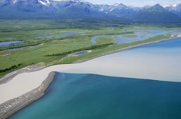Alaska USA - showing river joining sea Hallo Bay, Katmai, Alaska