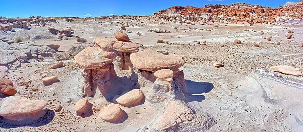Three hoodoos in a triangular formation in Devils Playground called the Unholy Trinity, Petrified Forest National Park, Arizona, United States of America, North America