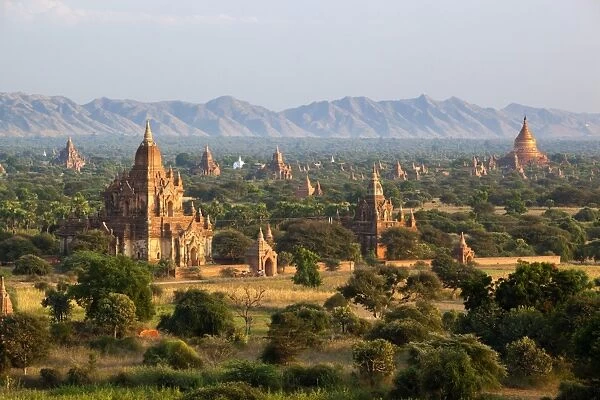 View over ancient temples from Shwesandaw temple, Bagan (Pagan), Central Myanmar, Myanmar (Burma), Asia