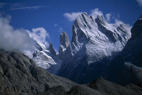 20027764. PAKISTAN Karakoram Range Trango Towers mountain peak and Balforo Glacier