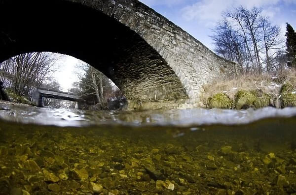 View of river and bridge from above and below surface of water, River Livet, Glenlivet, Cairngorms N. P