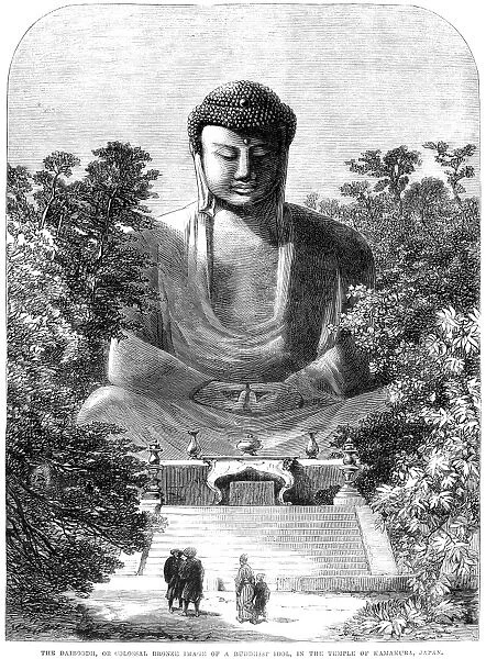 The Daibutsu, or colossal bronze image of a Buddhist idol, in the temple of Kamakura, Japan. Engraving, 1865