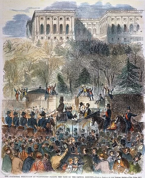 LINCOLN INAUGURATION. Abraham Lincoln arriving at the Capitol, in an open carriage with outgoing President James Buchanan, for his inauguration as 16th President of the United States on 4 March 1861. Color engraving, 1861