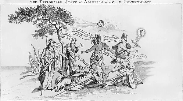 STAMP ACT CARTOON, 1765. The Deplorable State of America or Sc-H Government. Britannia (seated, right) handing America the Stamp Act in the form of Pandoras Box. Minerva says Take it not, and Mercury (trade) is reluctantly leaving. Contemporary English cartoon