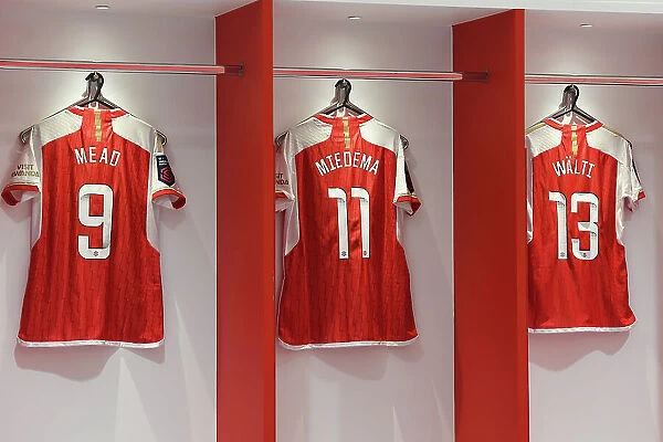 Arsenal FC vs Chelsea FC: Pre-Match Focus - Mead, Miedema, Waelti's Jerseys in Arsenal Dressing Room (Arsenal Women vs Chelsea Women, 2023-24)