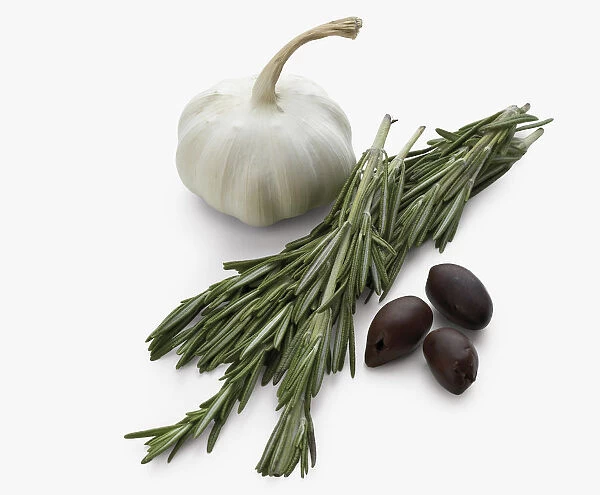 Garlic bulb, rosemary and black olives