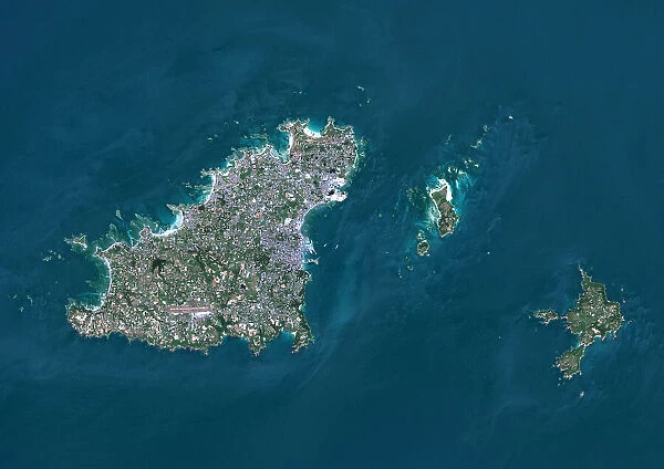 Guernsey. Color satellite image of Guernsey, an island in the English Channel