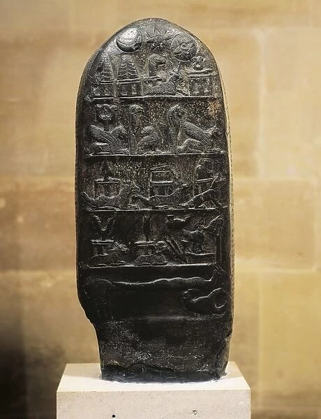 King Meli-Shipak kudurru (boundary stone) recording gift of lands to son Marduk-apla-iddina, with symbols of Babylonian deities, From Shush, (ancient Susa), Iran