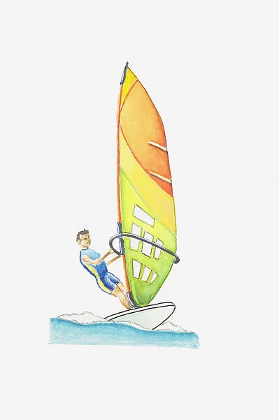 Illustration of man windsurfing at sea