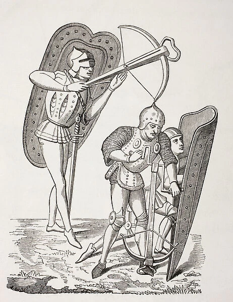 Two 15th century French crossbowmen, one firing his weapon, the other loading it with a windlass