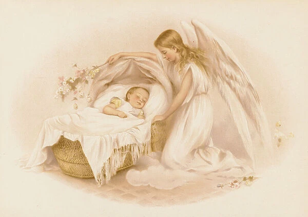 Angel watching over a baby (chromolitho)