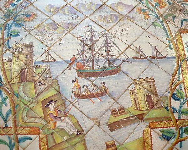Azulejos tiles depicting a port with ships (ceramic)
