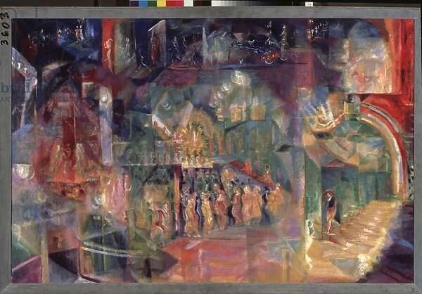 Un bar (A Bar) - Peinture de Georgi Bogdanovich Yakulov (1884-1928), huile sur toile, art russe, 20e siecle, futurisme - State Tretyakov Gallery, Moscou
