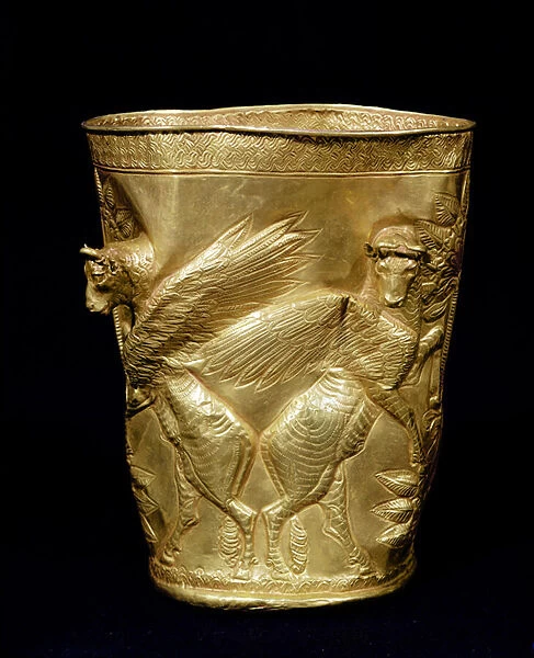 Beaker decorated with winged bulls flanking a tree, from Marlik, Iran, c