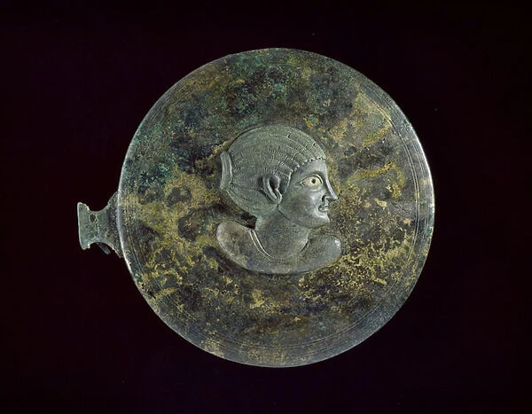 Cast bronze mirror-cover with Hellenistic bust of a woman in relief