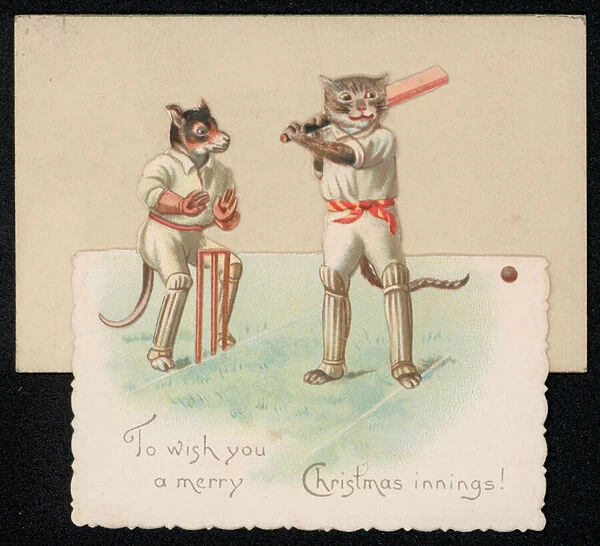 Cat and dog playing cricket, Christmas card (chromolitho)