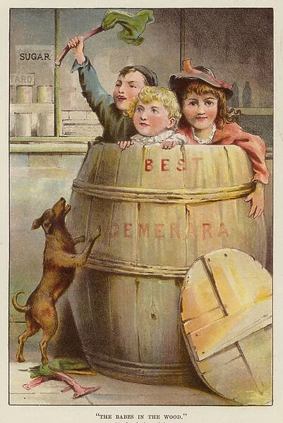 Three children in a sugar barrel (chromolitho)