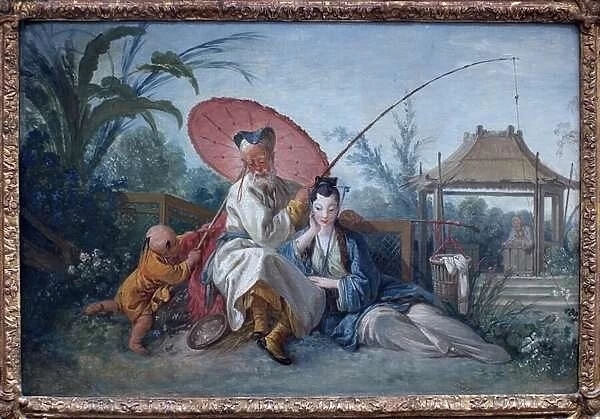 Chinoiserie. Artwork by Francois Boucher (1703-1770), oil on paper maroufle on canvas