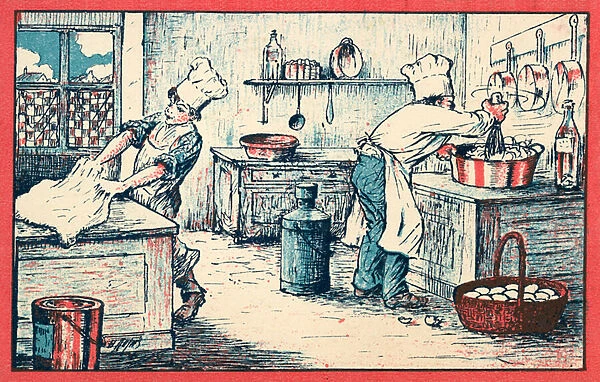 Cooks working in a kitchen (chromolitho)