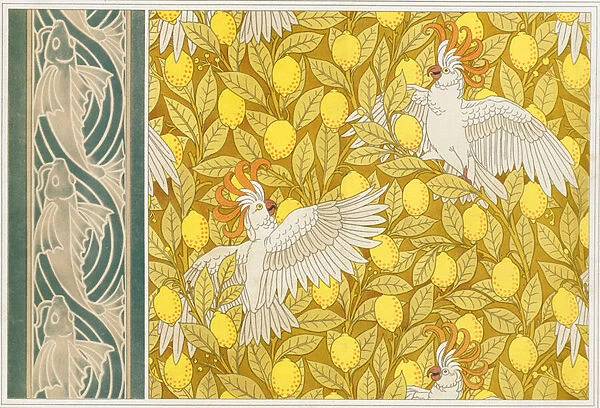 Design for Wallpaper 'Cockatoos with Lemons'and Wallpaper Border with 'Flying Fish', from L Animal dans la Decoration by Maurice Pillard Verneuil, pub. 1897 (colour lithograph)