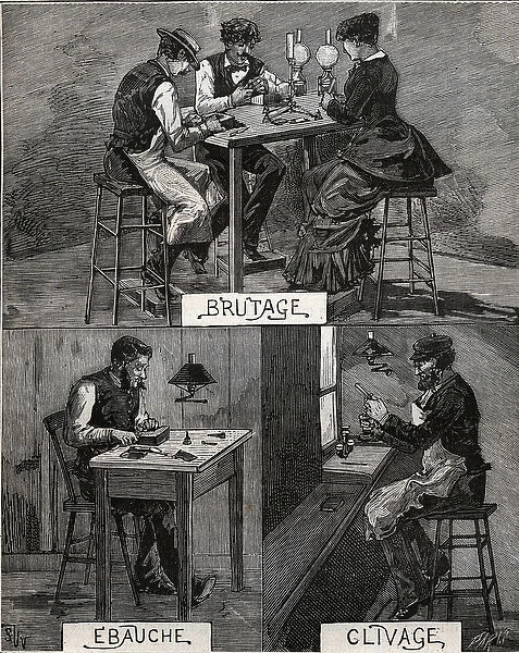 Diamond cutting, sound, rough and cleavage. Engraving from 1885 in '