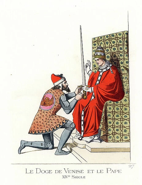 The Doge of Venice, Sebastian Ziani (died 1178) presents his sword to Pope Alexander III (Rolando Bandinelli, circa 1105-1181), as a sign of commitment to the fight against Emperor Frederic Barberousse (Frederic I de Hohenstaufen)