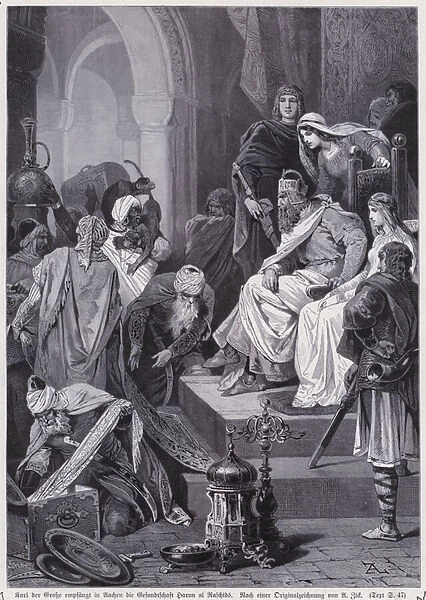 The Emperor Charlemagne receiving the envoys of the Abbasid Caliph Harun al-Rashid at his court in Aachen, 802 (engraving)