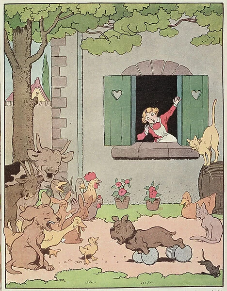 The farmyard animals rejoicing at the discomfiture of Grognard, illustration for Placide et Gedeon 1926 (colour litho)