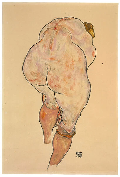 Female nude pulling up stockings, rear view, 1918 (crayon & pencil on paper)