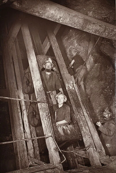 Gig at Dolcoath, illustration from Mongst mines and miners, or Underground Scenes by Flash-Light by J. C. Burrows and William Thomas, pub. 1893 (sepia photo)