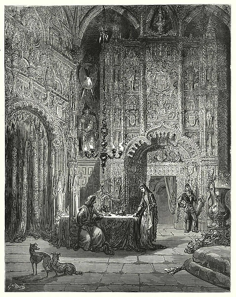 Gustave Dores Don Quixote: 'Another damsel comes into the room, and begins to inform him what castle that is, and how she is enchanted in it'(engraving)