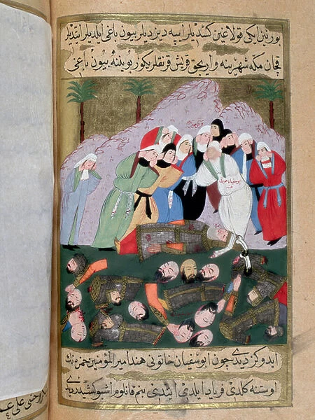 Hind, wife of Abu Sufyan ibn Harb, enemy of Muhammad, and other Qraichite women prepare to maim the bodies of Muslims who died in the battle of Uhud (Ohod) and devour the liver of Hanza, uncle of the Prophete Muhammad (Muhammet)