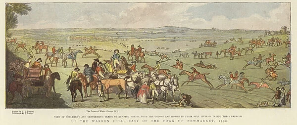 Horses taking exercise up Warren Hill (colour litho)