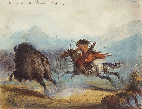 Indian Female Running a Buffalo, c. 1858-60 (w  /  c on paper)