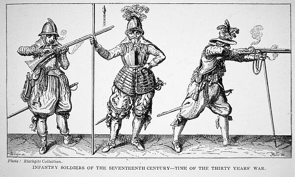 Infantry soldiers of the seventeenth century - time of the Thirty Years War (litho)