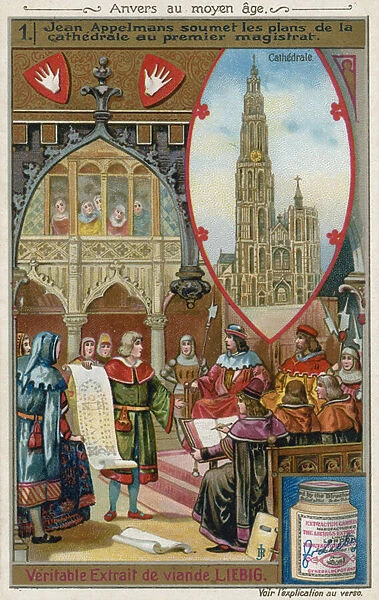Jan Appelmans submitting his plans for the Cathedral of Our Lady to the First Magistrate, 14th Century (chromolitho)