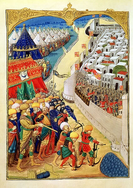 Lat 6067 f. 55v The Turkish forces preparing for battle outside the walls of Rhodes in