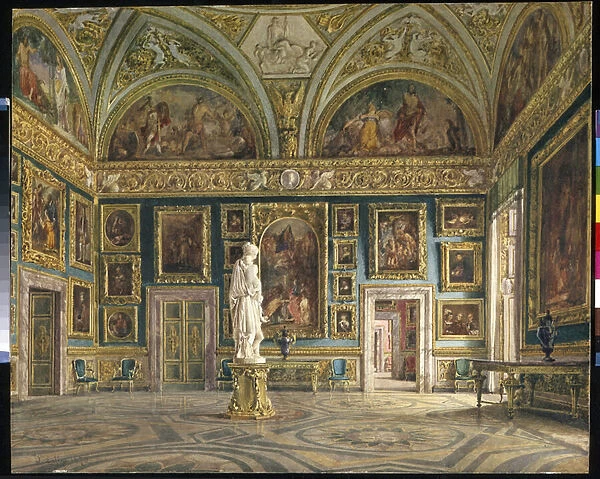 Le hall de l Illiade (galerie palatine) du palais Pitti a Florence (Italie) (The Hall of the Iliad at the Pitti Palace in Florence). Peinture de Domenico Caligo (?-1880), huile sur toile
