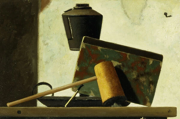 Still life with Notebook and Pipe, (oil on board)