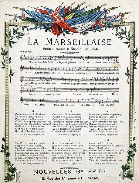 Lyrics and music of the Marseillaise, the French anthem composed by Rouget de Lisle