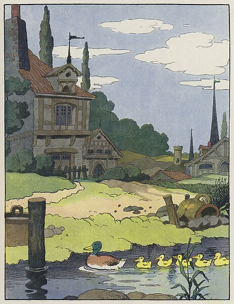 Mallard duck and her ducklings (colour litho)